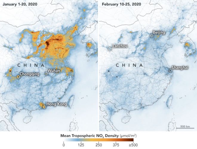中国における二酸化窒素濃度（1月1-20日、2月10-25日）出所NASA